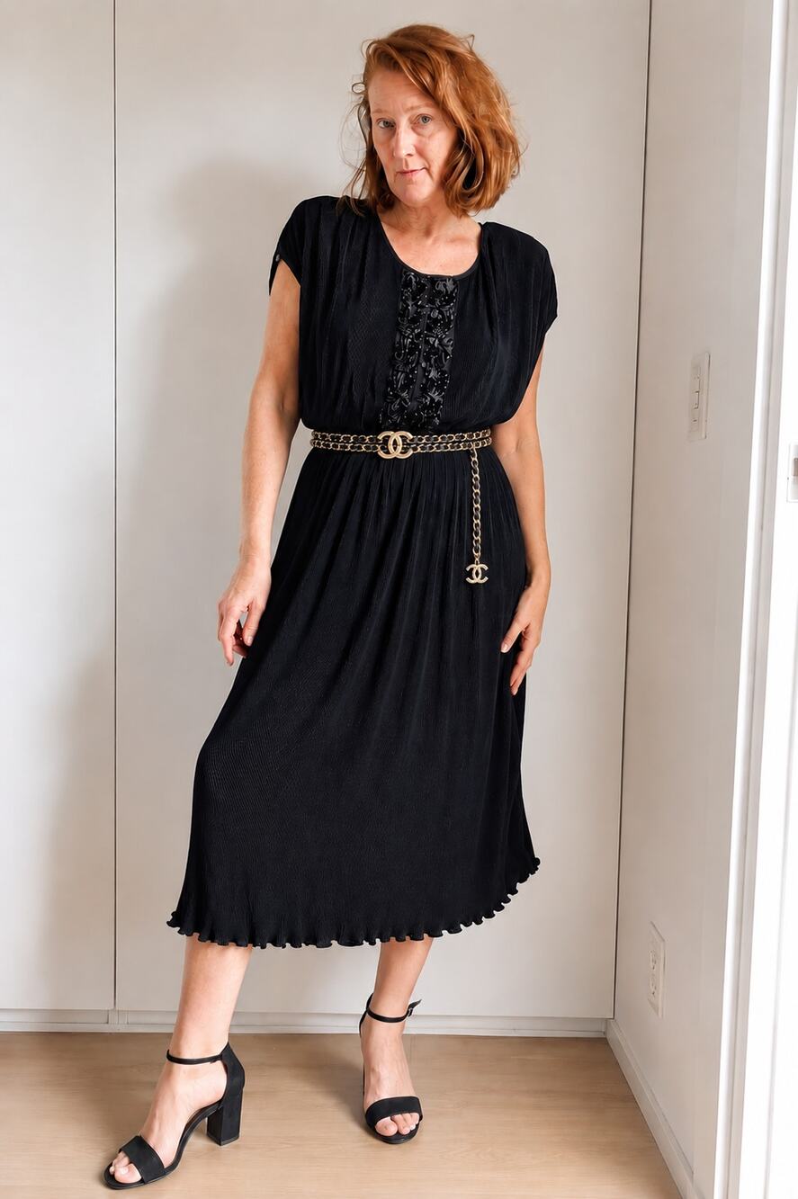 Virginie Paris Floral Micropleated Dress Black Made in France Statement Size L